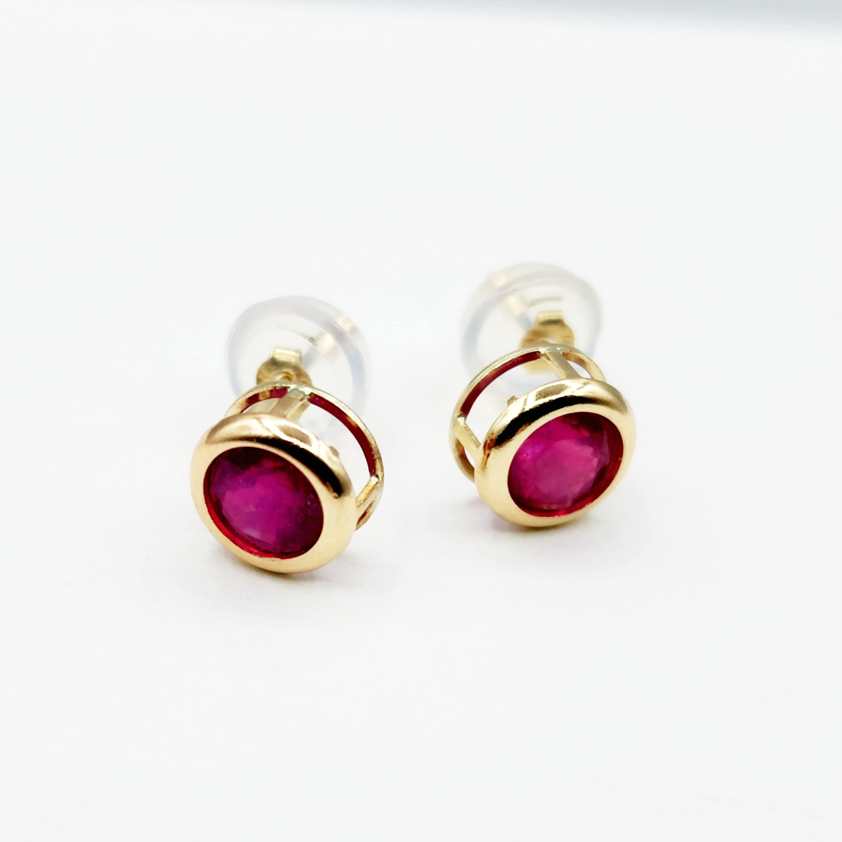 14K Gold Genuine Ruby Bezel Stud Earrings, 14K Yellow Gold Ruby 5x5mm Earrings, July Birthstone, Round Bezel Set Stud 5mm, Dainty Studs
