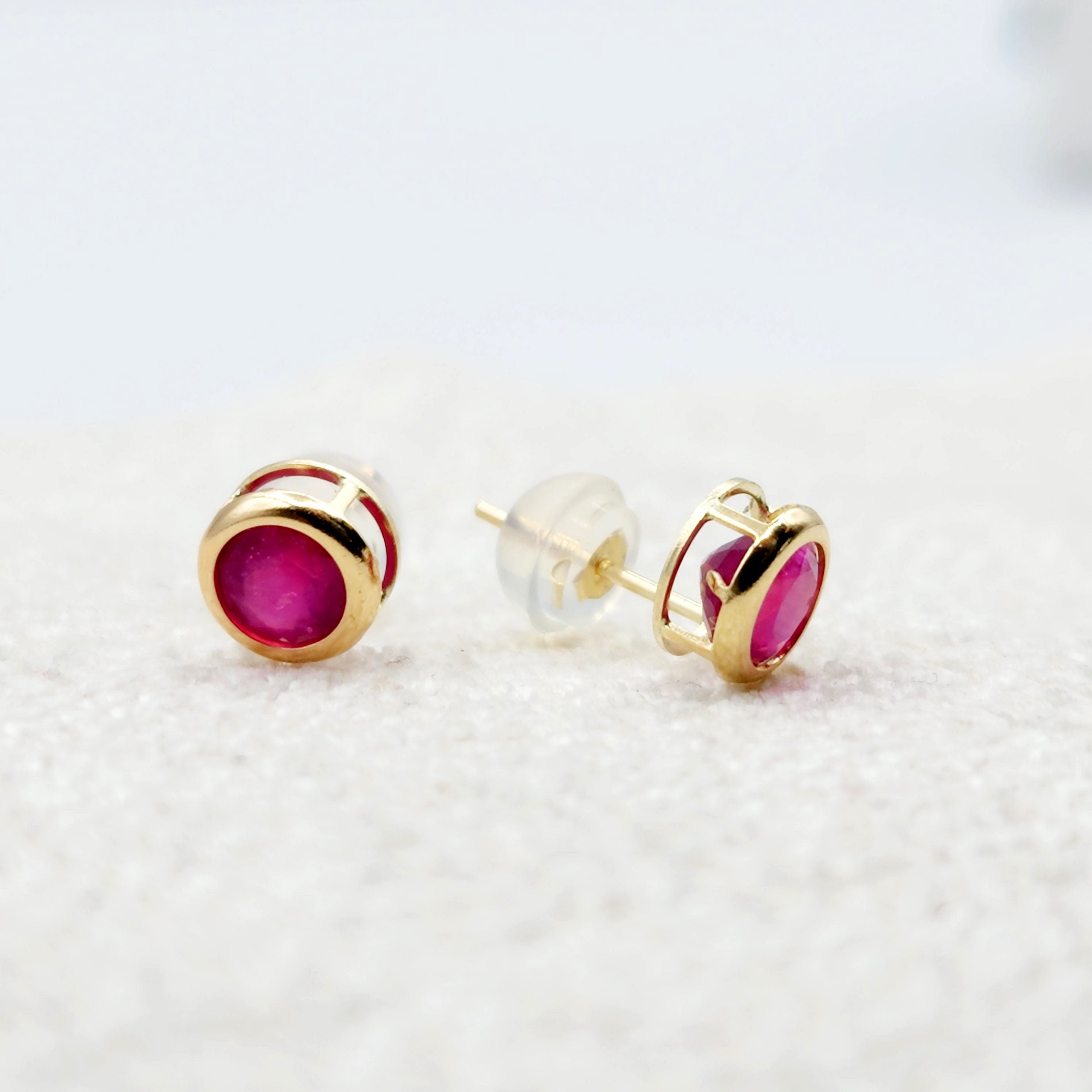 14K Yellow Gold Ruby Stud Earrings: July Birthstone Dainty Bezel Set