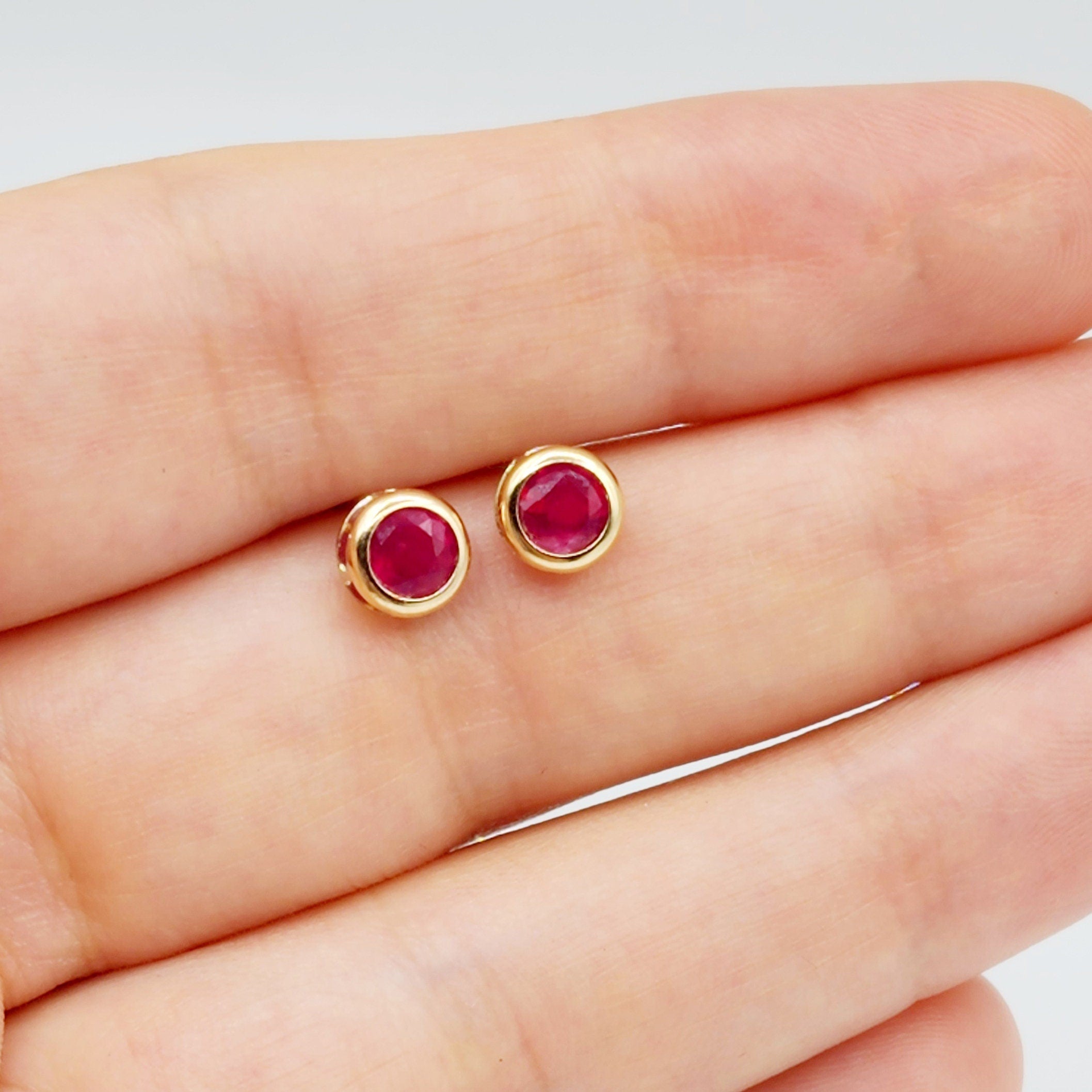 14K Gold Genuine Ruby Bezel Stud Earrings, 14K Yellow Gold Ruby 5x5mm Earrings, July Birthstone, Round Bezel Set Stud 5mm, Dainty Studs