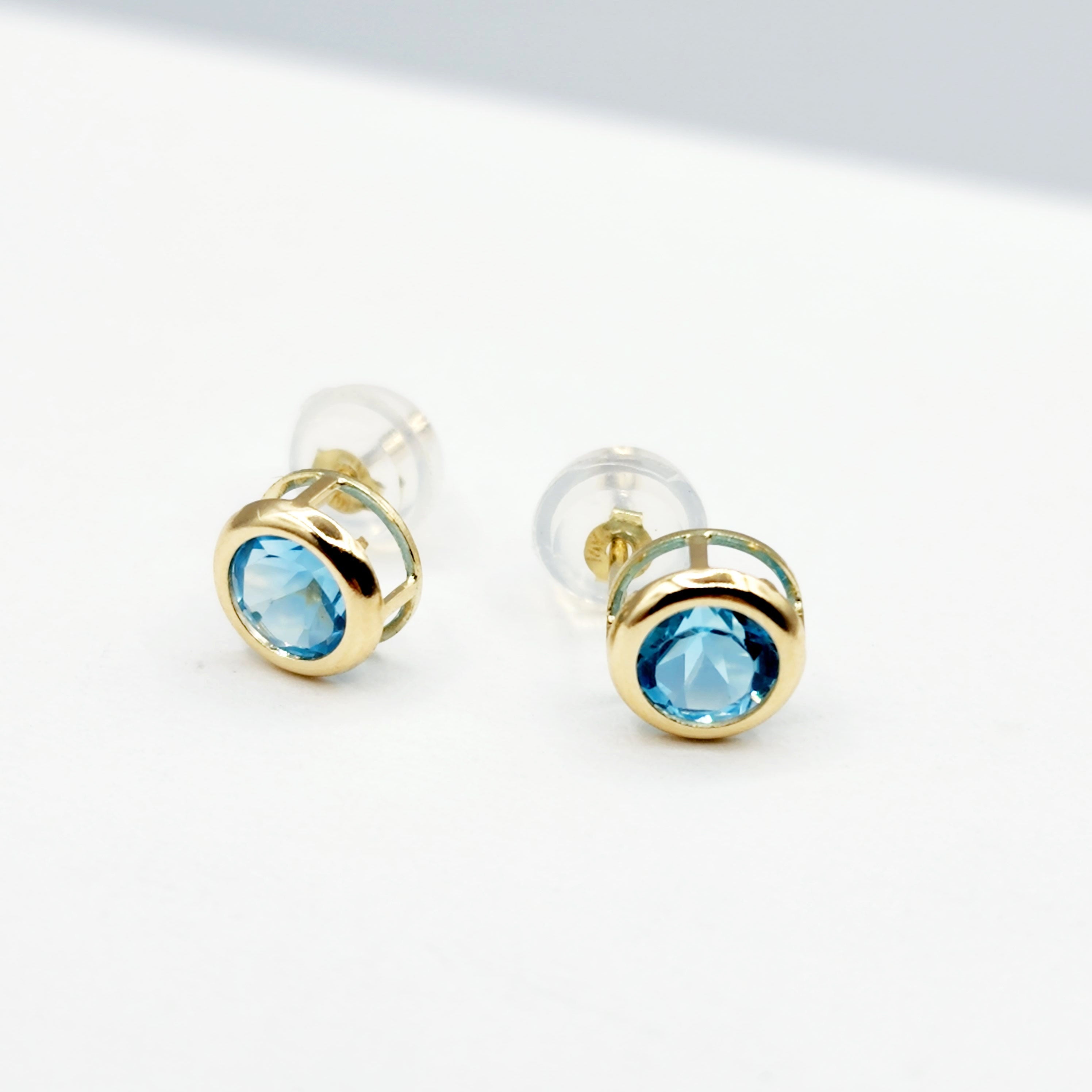 14K Gold Blue Topaz Bezel Stud Earrings, 14K Yellow Gold Genuine Blue Topaz 5x5mm Earrings, December Birthstone, Round Bezel Set Stud