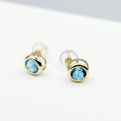 14K Gold Blue Topaz Bezel Stud Earrings, 14K Yellow Gold Genuine Blue Topaz 5x5mm Earrings, December Birthstone, Round Bezel Set Stud