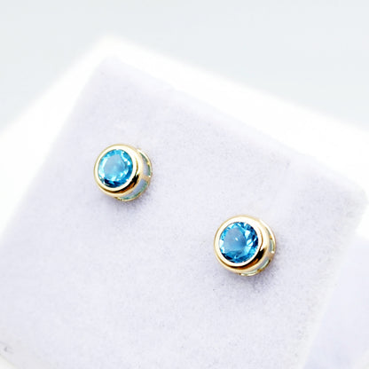 14K Gold Blue Topaz Bezel Stud Earrings, 14K Yellow Gold Genuine Blue Topaz 5x5mm Earrings, December Birthstone, Round Bezel Set Stud