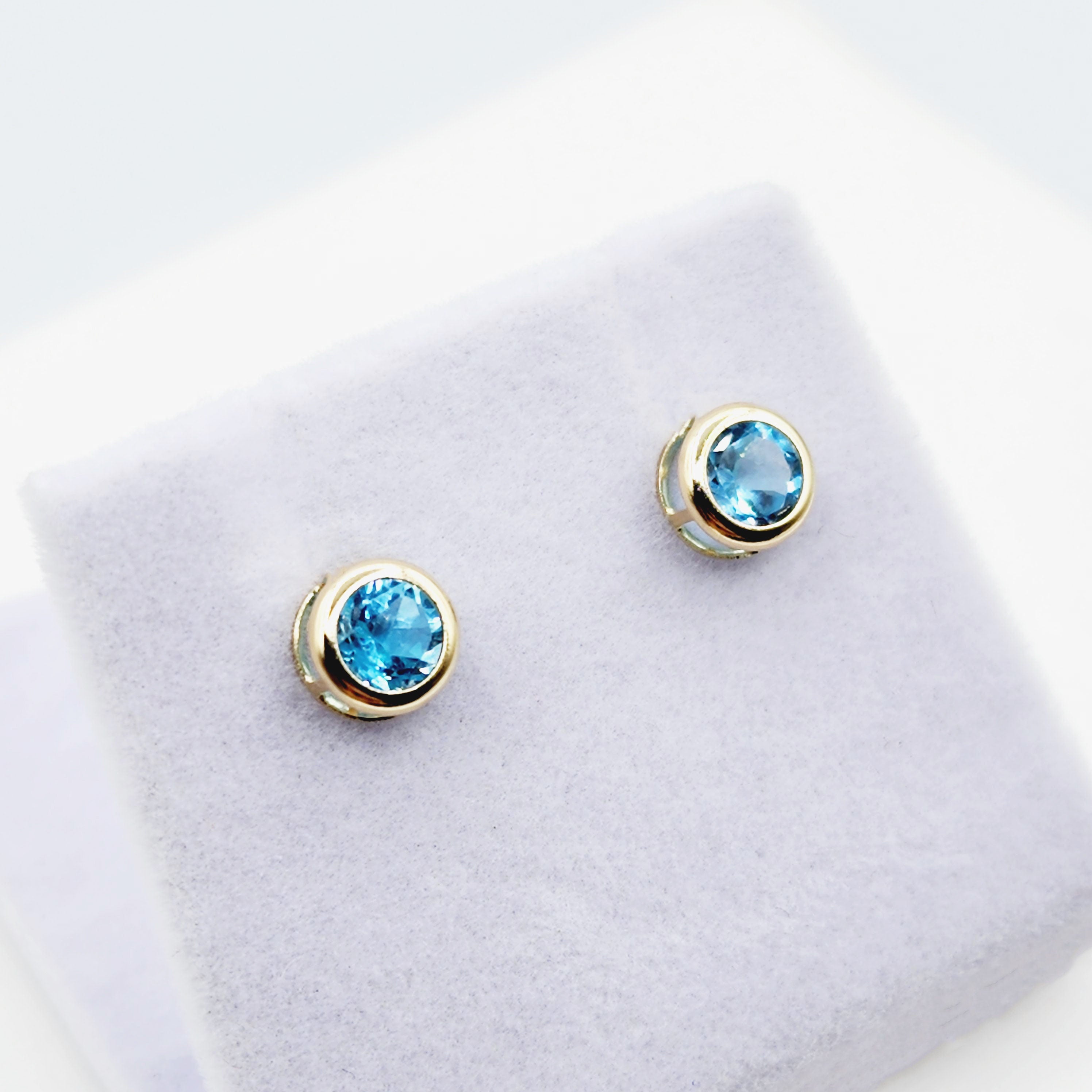 14K Gold Blue Topaz Bezel Stud Earrings, 14K Yellow Gold Genuine Blue Topaz 5x5mm Earrings, December Birthstone, Round Bezel Set Stud