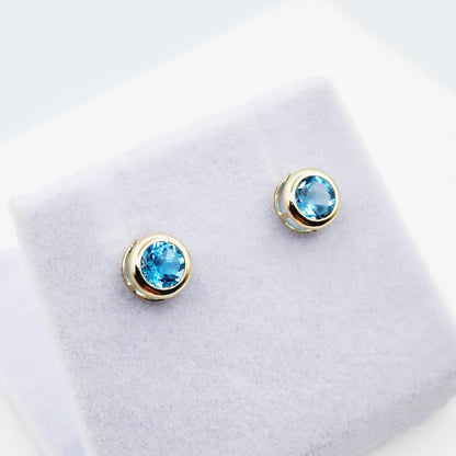 14K Gold Blue Topaz Bezel Stud Earrings, 14K Yellow Gold Genuine Blue Topaz 5x5mm Earrings, December Birthstone, Round Bezel Set Stud