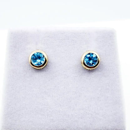 14K Gold Blue Topaz Bezel Stud Earrings, 14K Yellow Gold Genuine Blue Topaz 5x5mm Earrings, December Birthstone, Round Bezel Set Stud