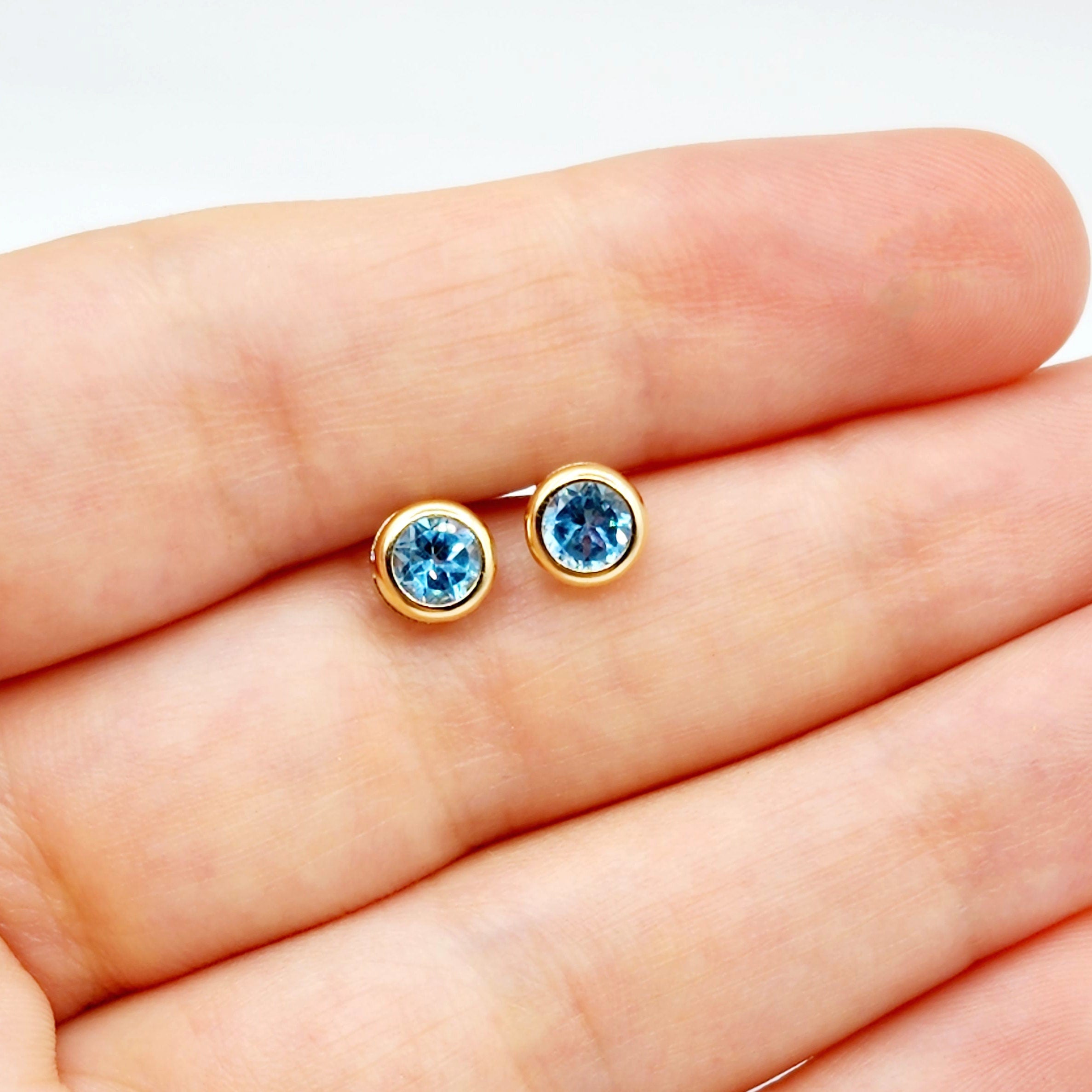14K Gold Blue Topaz Bezel Stud Earrings, 14K Yellow Gold Genuine Blue Topaz 5x5mm Earrings, December Birthstone, Round Bezel Set Stud