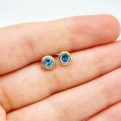 14K Gold Blue Topaz Bezel Stud Earrings, 14K Yellow Gold Genuine Blue Topaz 5x5mm Earrings, December Birthstone, Round Bezel Set Stud