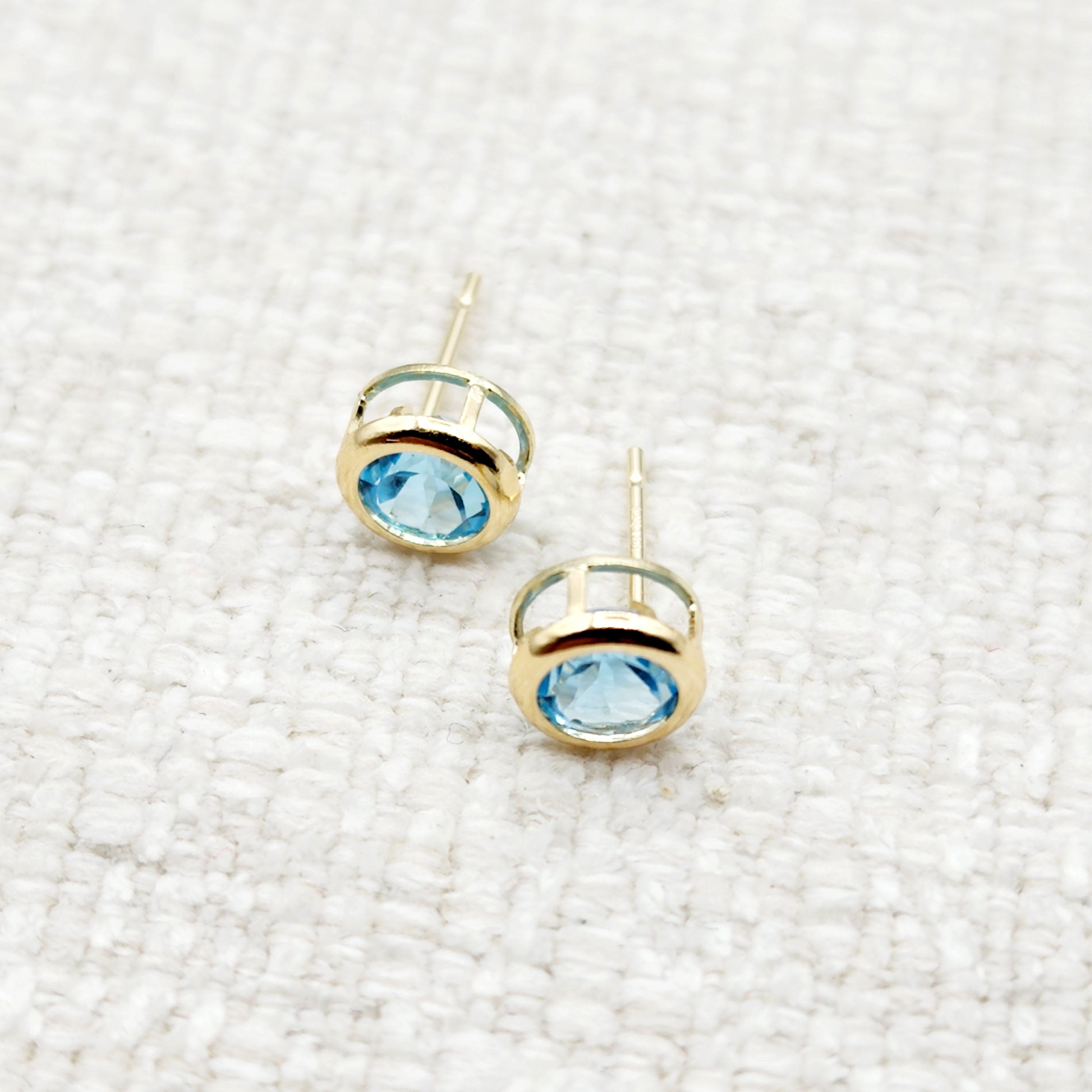 14K Gold Blue Topaz Bezel Stud Earrings, 14K Yellow Gold Genuine Blue Topaz 5x5mm Earrings, December Birthstone, Round Bezel Set Stud
