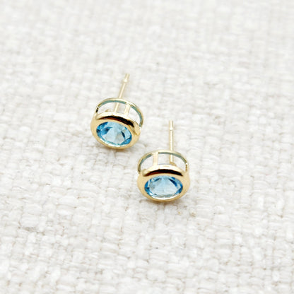 14K Gold Blue Topaz Bezel Stud Earrings, 14K Yellow Gold Genuine Blue Topaz 5x5mm Earrings, December Birthstone, Round Bezel Set Stud