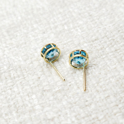 14K Gold Blue Topaz Bezel Stud Earrings, 14K Yellow Gold Genuine Blue Topaz 5x5mm Earrings, December Birthstone, Round Bezel Set Stud