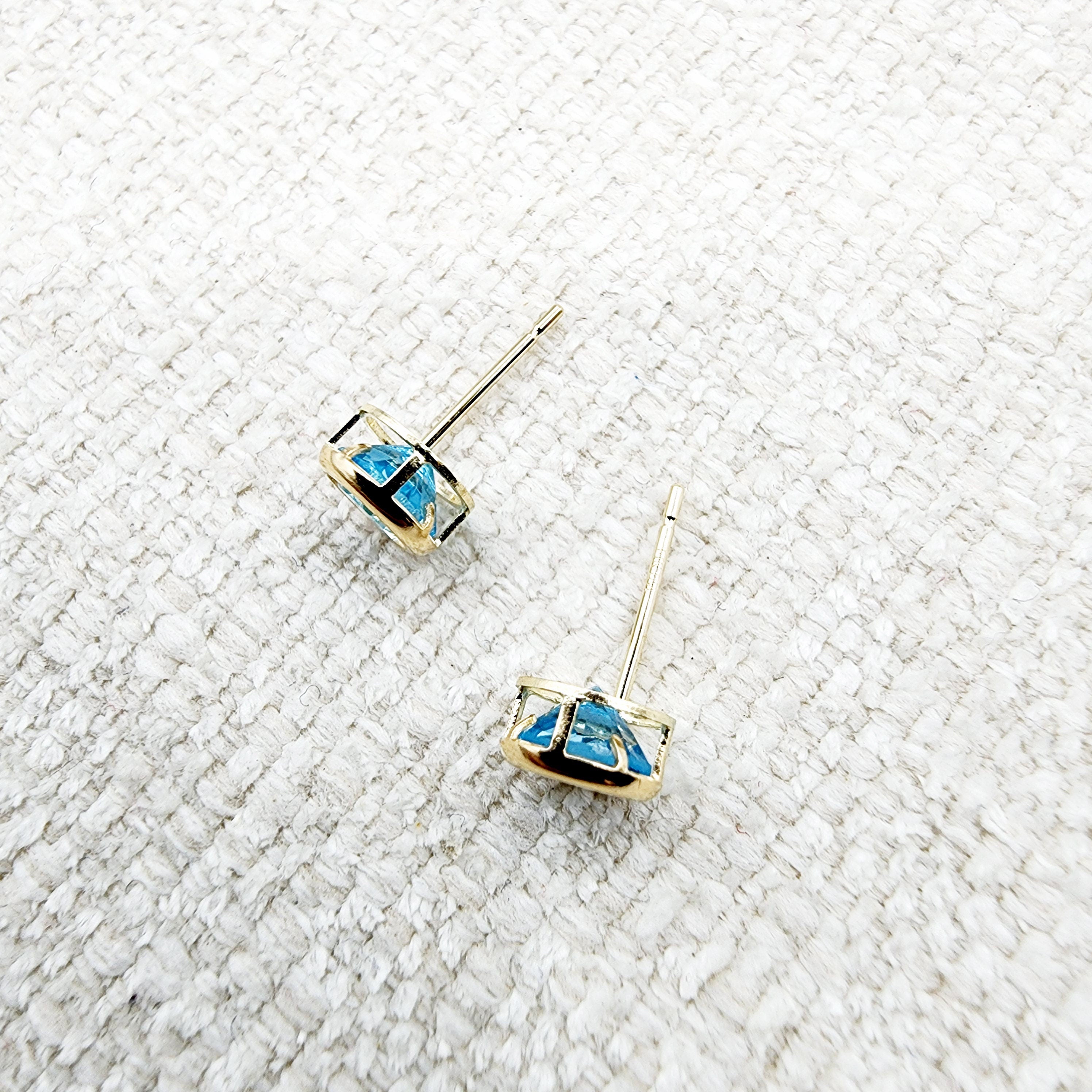 14K Gold Blue Topaz Bezel Stud Earrings, 14K Yellow Gold Genuine Blue Topaz 5x5mm Earrings, December Birthstone, Round Bezel Set Stud