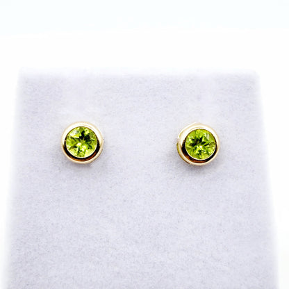 14K Gold Peridot Bezel Stud Earrings, 14K Yellow Gold Genuine Peridot 5x5mm Earrings, August Birthstone, Round Bezel Set Stud