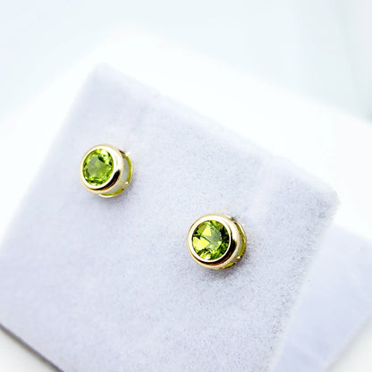 14K Gold Peridot Bezel Stud Earrings, 14K Yellow Gold Genuine Peridot 5x5mm Earrings, August Birthstone, Round Bezel Set Stud
