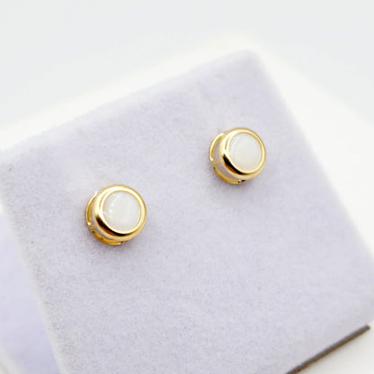 14K Gold Opal Bezel Stud Earrings, 14K Yellow Gold Genuine Opal  5x5mm Earrings, October Birthstone, Round Bezel Set Stud
