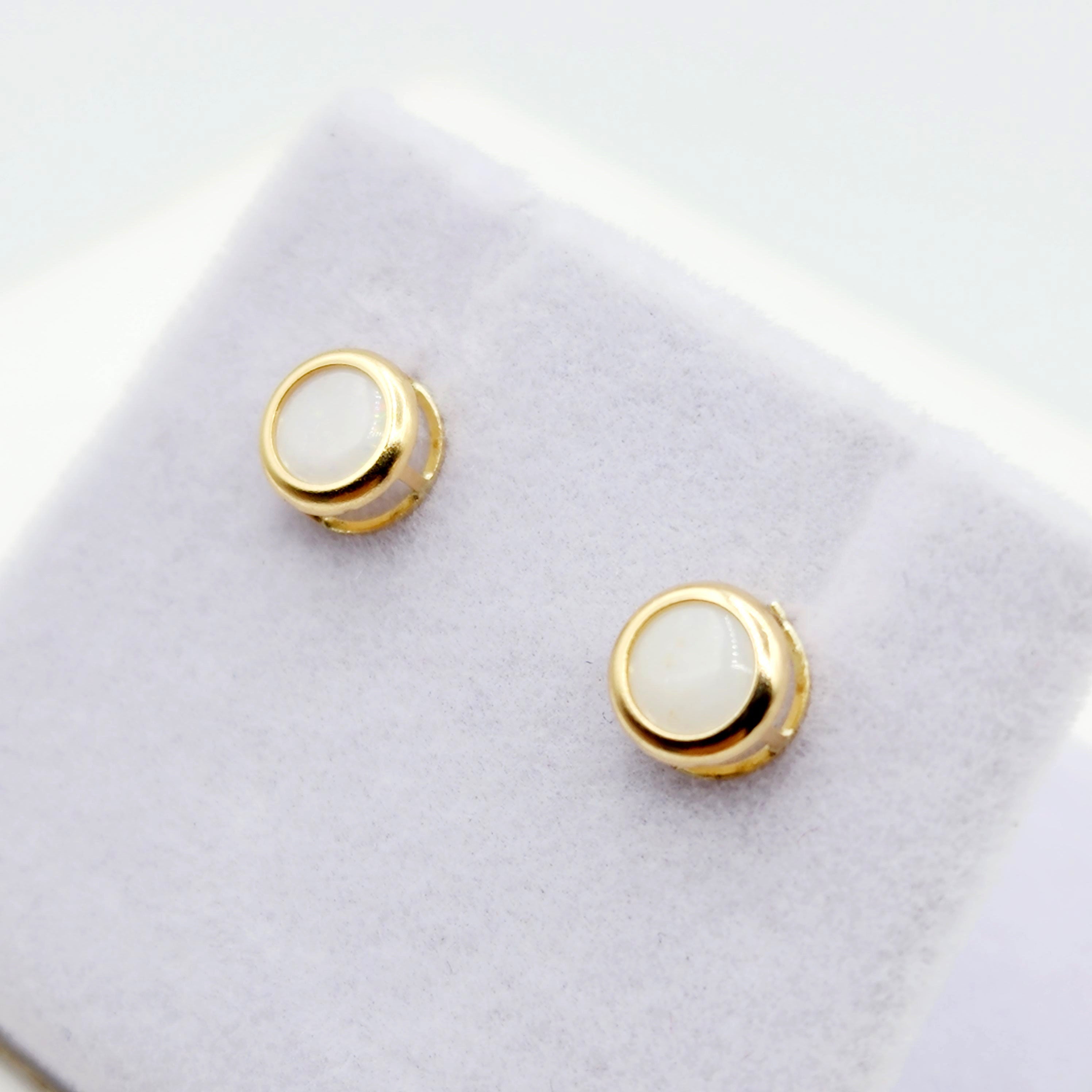 14K Gold Opal Bezel Stud Earrings, 14K Yellow Gold Genuine Opal  5x5mm Earrings, October Birthstone, Round Bezel Set Stud