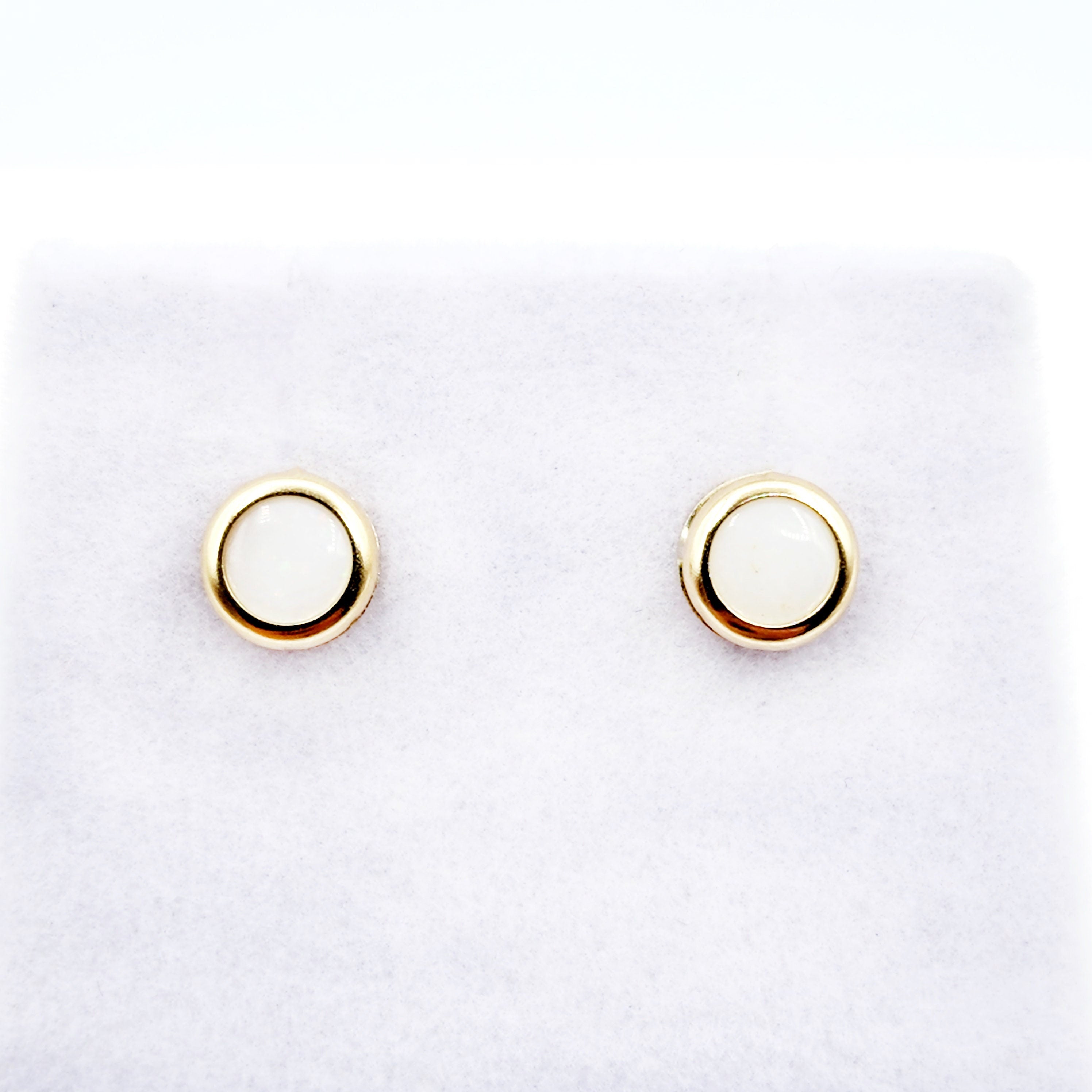 14K Gold Opal Bezel Stud Earrings, 14K Yellow Gold Genuine Opal  5x5mm Earrings, October Birthstone, Round Bezel Set Stud