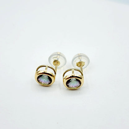 14K Gold Mystic Topaz Bezel Stud Earrings, 14K Yellow Gold Genuine Fire Mystic Topaz 5x5mm Earrings, Birthstone Earrings, Round Bezel Set