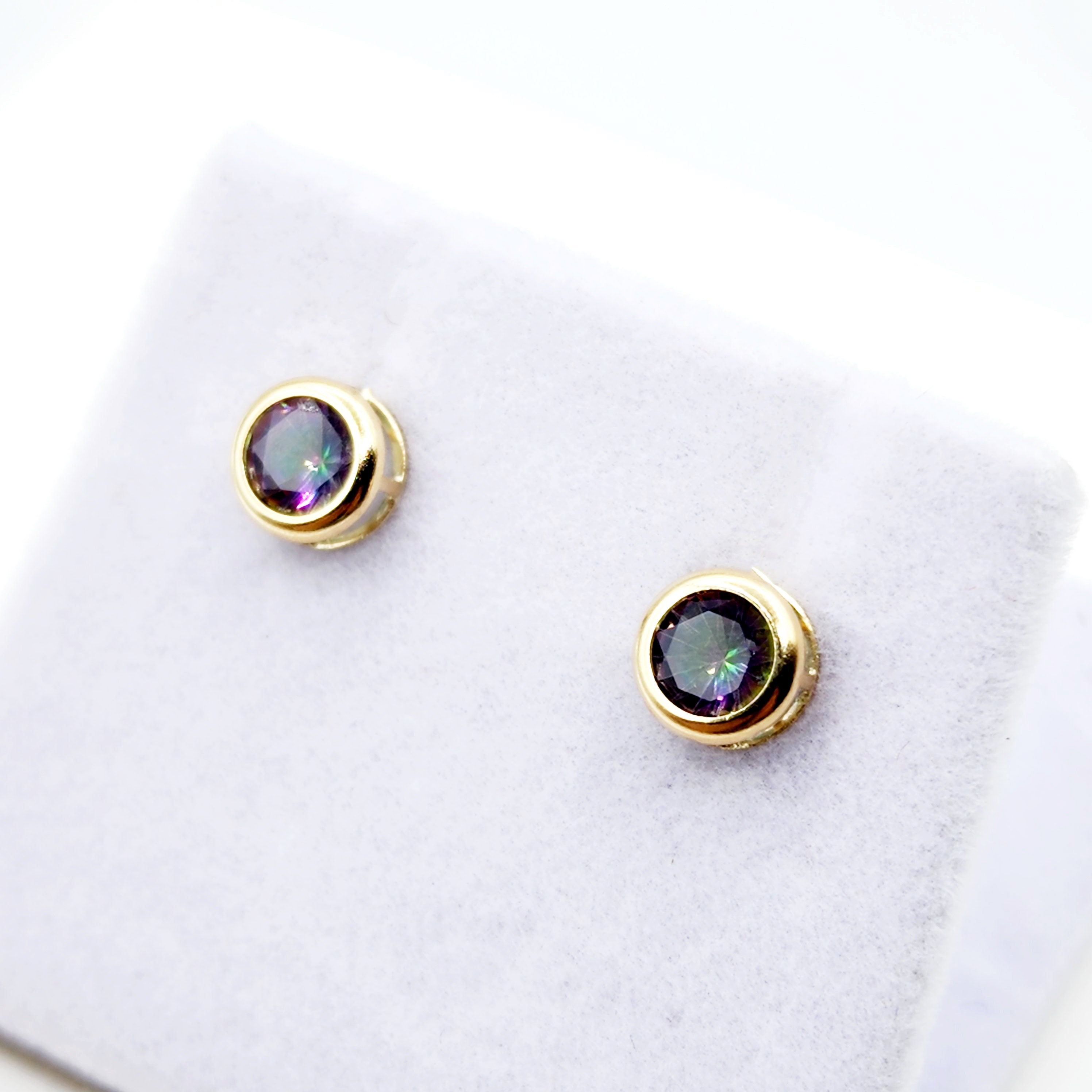 14K Gold Mystic Topaz Bezel Stud Earrings, 14K Yellow Gold Genuine Fire Mystic Topaz 5x5mm Earrings, Birthstone Earrings, Round Bezel Set
