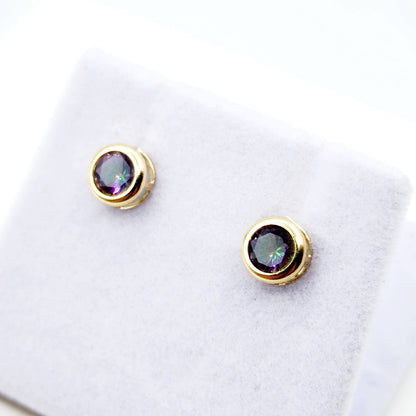 14K Gold Mystic Topaz Bezel Stud Earrings, 14K Yellow Gold Genuine Fire Mystic Topaz 5x5mm Earrings, Birthstone Earrings, Round Bezel Set