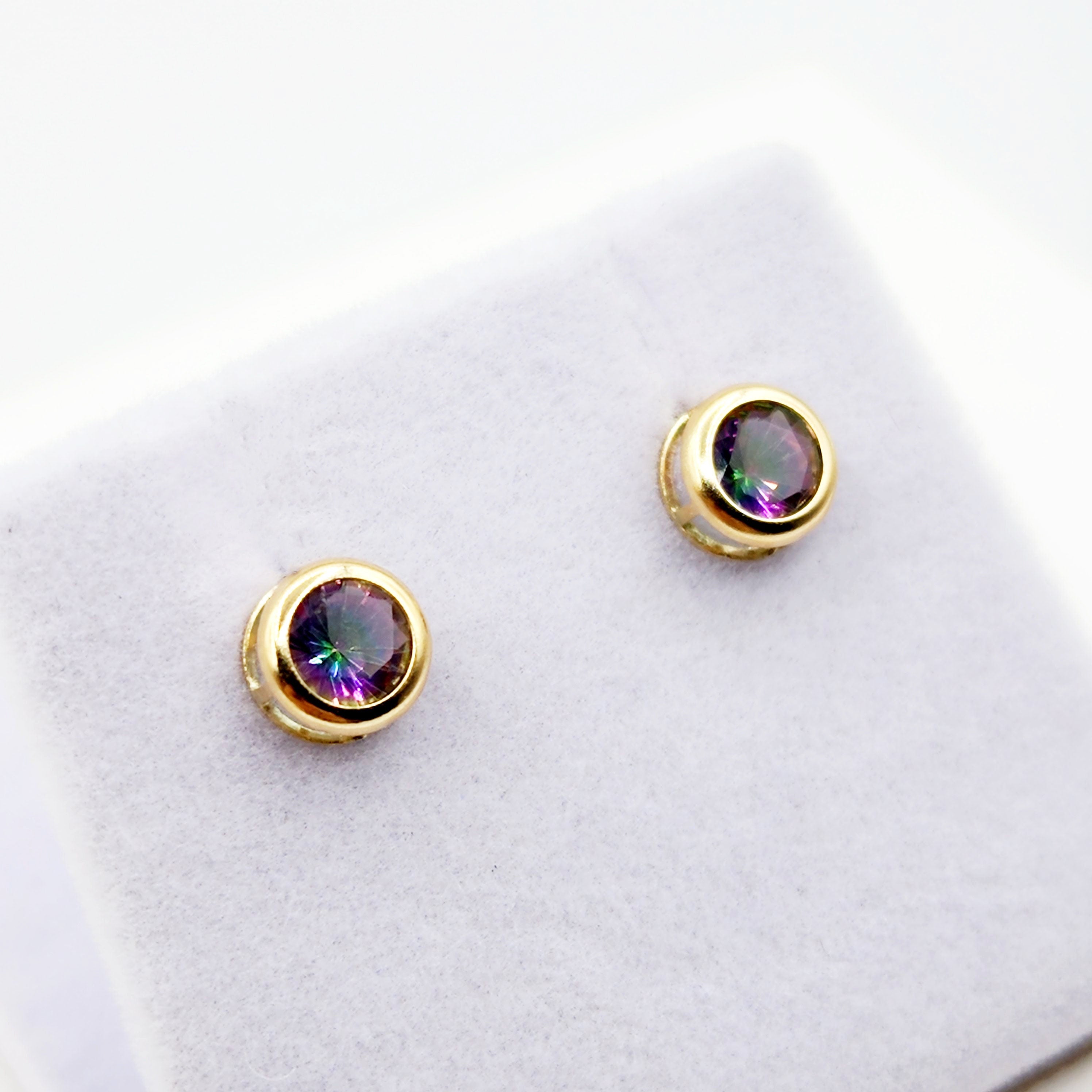 14K Gold Mystic Topaz Bezel Stud Earrings, 14K Yellow Gold Genuine Fire Mystic Topaz 5x5mm Earrings, Birthstone Earrings, Round Bezel Set