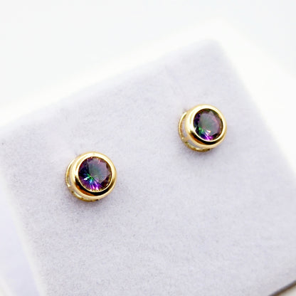 14K Gold Mystic Topaz Bezel Stud Earrings, 14K Yellow Gold Genuine Fire Mystic Topaz 5x5mm Earrings, Birthstone Earrings, Round Bezel Set