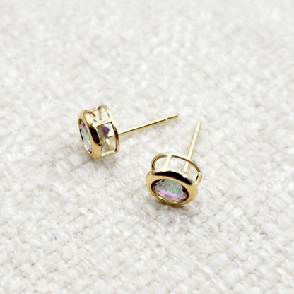 14K Gold Mystic Topaz Bezel Stud Earrings, 14K Yellow Gold Genuine Fire Mystic Topaz 5x5mm Earrings, Birthstone Earrings, Round Bezel Set