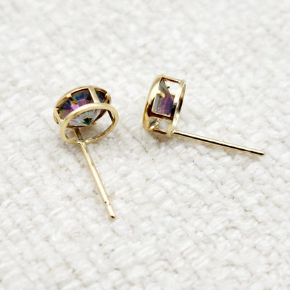 14K Gold Mystic Topaz Bezel Stud Earrings, 14K Yellow Gold Genuine Fire Mystic Topaz 5x5mm Earrings, Birthstone Earrings, Round Bezel Set