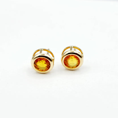 14K Gold Orange Sapphire Bezel Stud Earrings, 14K Yellow Gold Genuine Orange Sapphire 5x5mm Earrings, Birthday Gift, Round Bezel Set Stud