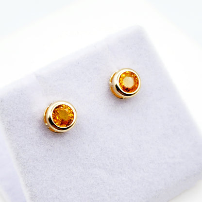 14K Gold Orange Sapphire Bezel Stud Earrings, 14K Yellow Gold Genuine Orange Sapphire 5x5mm Earrings, Birthday Gift, Round Bezel Set Stud