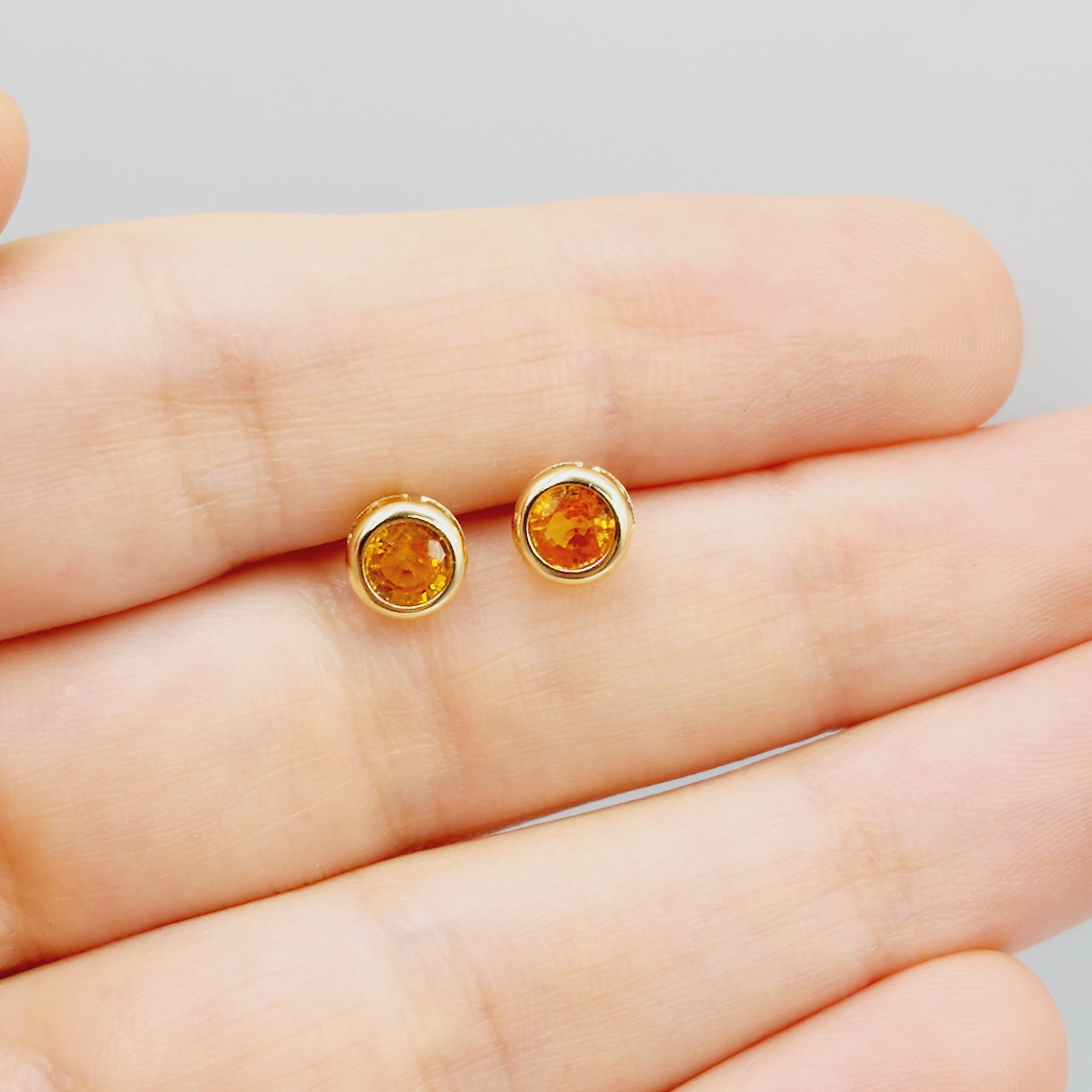 14K Gold Orange Sapphire Bezel Stud Earrings, 14K Yellow Gold Genuine Orange Sapphire 5x5mm Earrings, Birthday Gift, Round Bezel Set Stud
