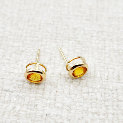 14K Gold Orange Sapphire Bezel Stud Earrings, 14K Yellow Gold Genuine Orange Sapphire 5x5mm Earrings, Birthday Gift, Round Bezel Set Stud
