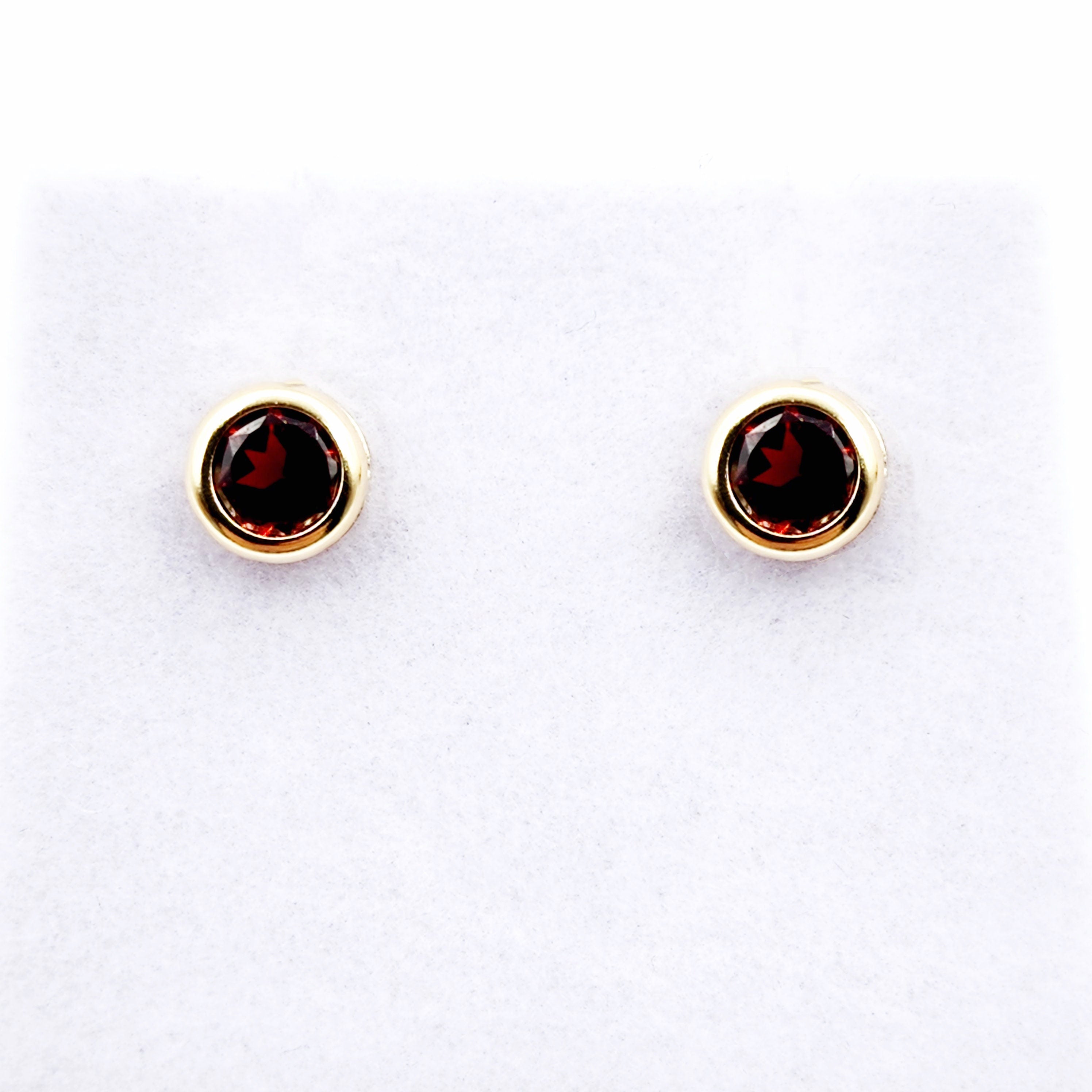 14K Gold Garnet Bezel Stud Earrings, 14K Yellow Gold Genuine Garnet 5x5mm Earrings, January Birthstone, Round Bezel Set Stud