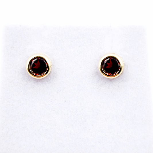 14K Gold Garnet Bezel Stud Earrings, 14K Yellow Gold Genuine Garnet 5x5mm Earrings, January Birthstone, Round Bezel Set Stud