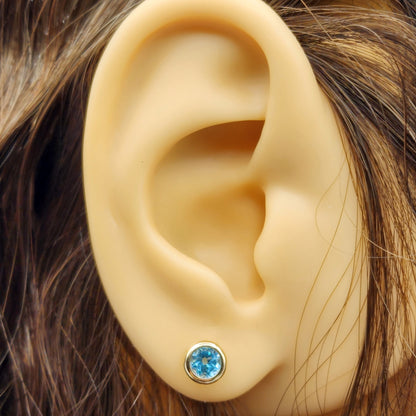 14K Gold Blue Topaz Bezel Stud Earrings, 14K Yellow Gold Genuine Blue Topaz 5x5mm Earrings, December Birthstone, Round Bezel Set Stud