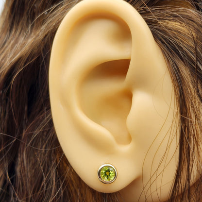 14K Gold Peridot Bezel Stud Earrings, 14K Yellow Gold Genuine Peridot 5x5mm Earrings, August Birthstone, Round Bezel Set Stud