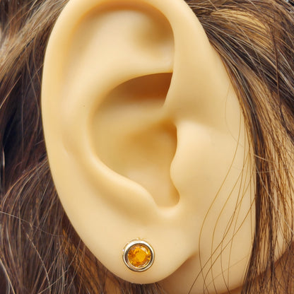 14K Gold Orange Sapphire Bezel Stud Earrings, 14K Yellow Gold Genuine Orange Sapphire 5x5mm Earrings, Birthday Gift, Round Bezel Set Stud