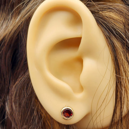 14K Gold Garnet Bezel Stud Earrings, 14K Yellow Gold Genuine Garnet 5x5mm Earrings, January Birthstone, Round Bezel Set Stud