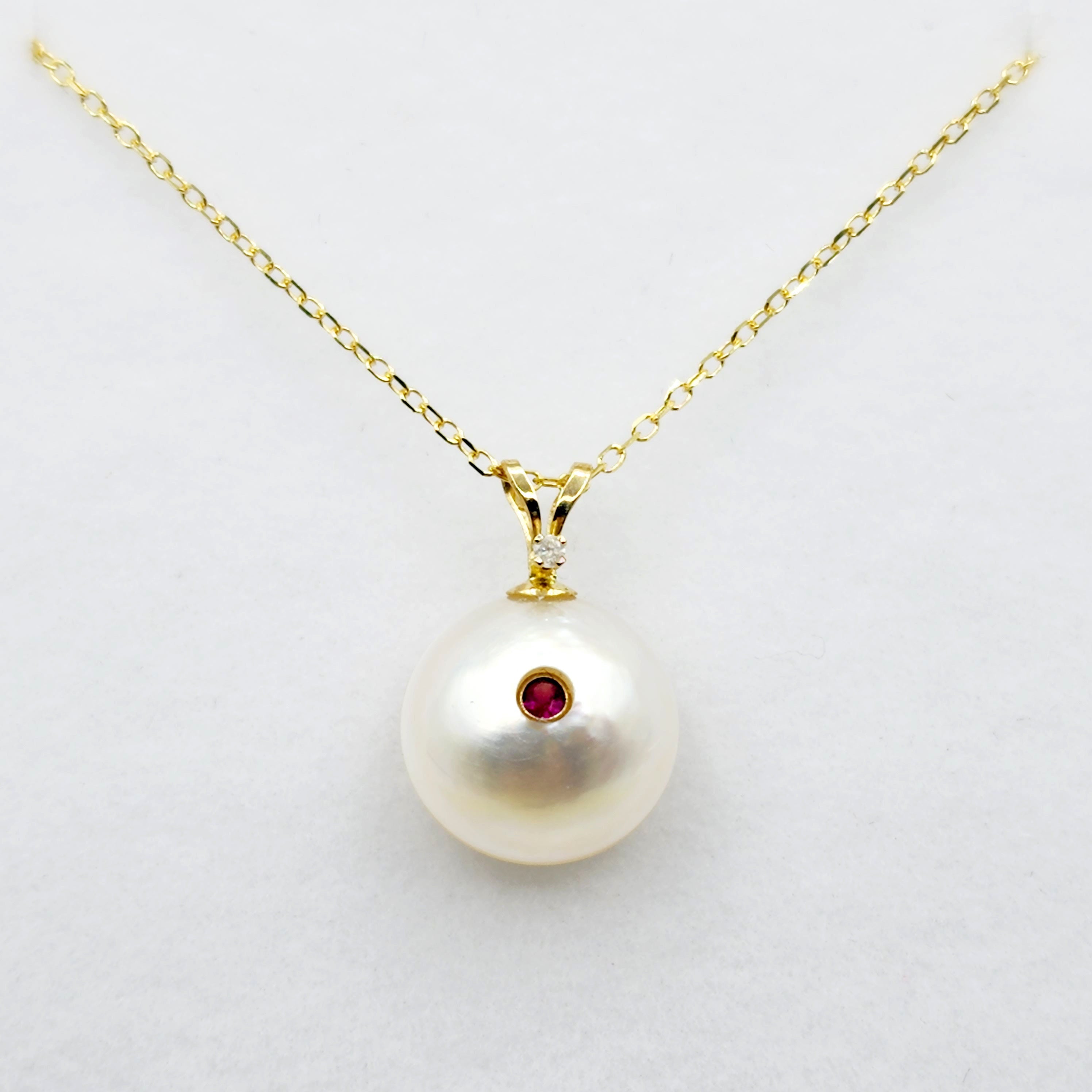 14K Gold Pearl Ruby Diamond Pendant Necklace, 14K Yellow Gold Pendant set with 12mm Mabe Pearl Genuine Ruby and Natural Diamond