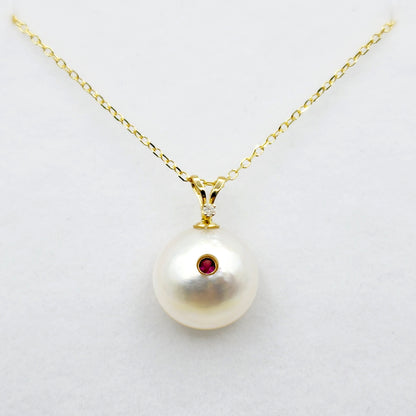 14K Gold Pearl Ruby Diamond Pendant Necklace, 14K Yellow Gold Pendant set with 12mm Mabe Pearl Genuine Ruby and Natural Diamond