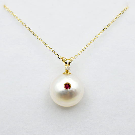14K Gold Pearl Ruby Diamond Pendant Necklace, 14K Yellow Gold Pendant set with 12mm Mabe Pearl Genuine Ruby and Natural Diamond
