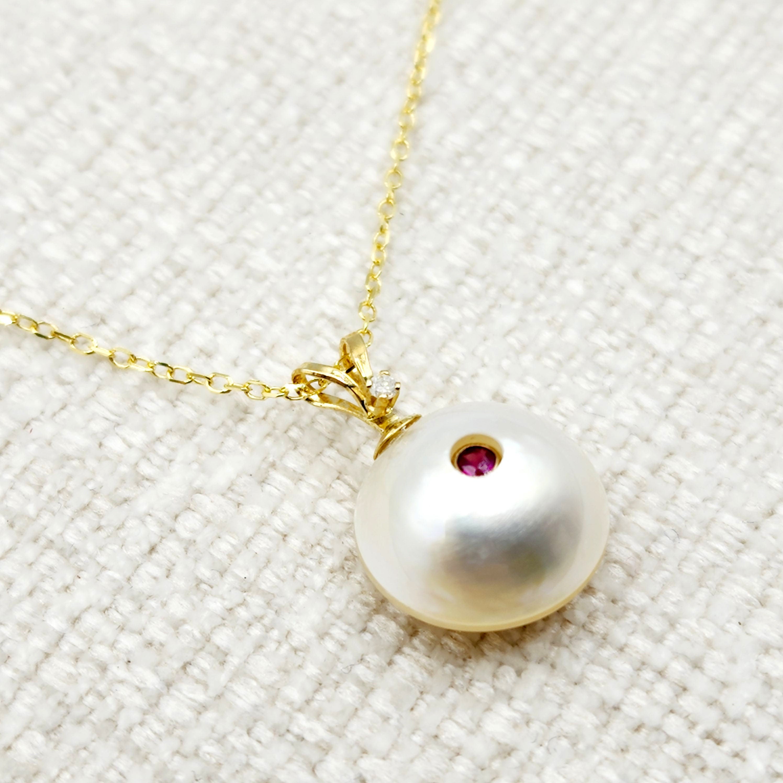 14K Gold Pearl Ruby Diamond Pendant Necklace, 14K Yellow Gold Pendant set with 12mm Mabe Pearl Genuine Ruby and Natural Diamond