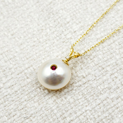 14K Gold Pearl Ruby Diamond Pendant Necklace, 14K Yellow Gold Pendant set with 12mm Mabe Pearl Genuine Ruby and Natural Diamond