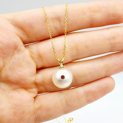 14K Gold Pearl Ruby Diamond Pendant Necklace, 14K Yellow Gold Pendant set with 12mm Mabe Pearl Genuine Ruby and Natural Diamond
