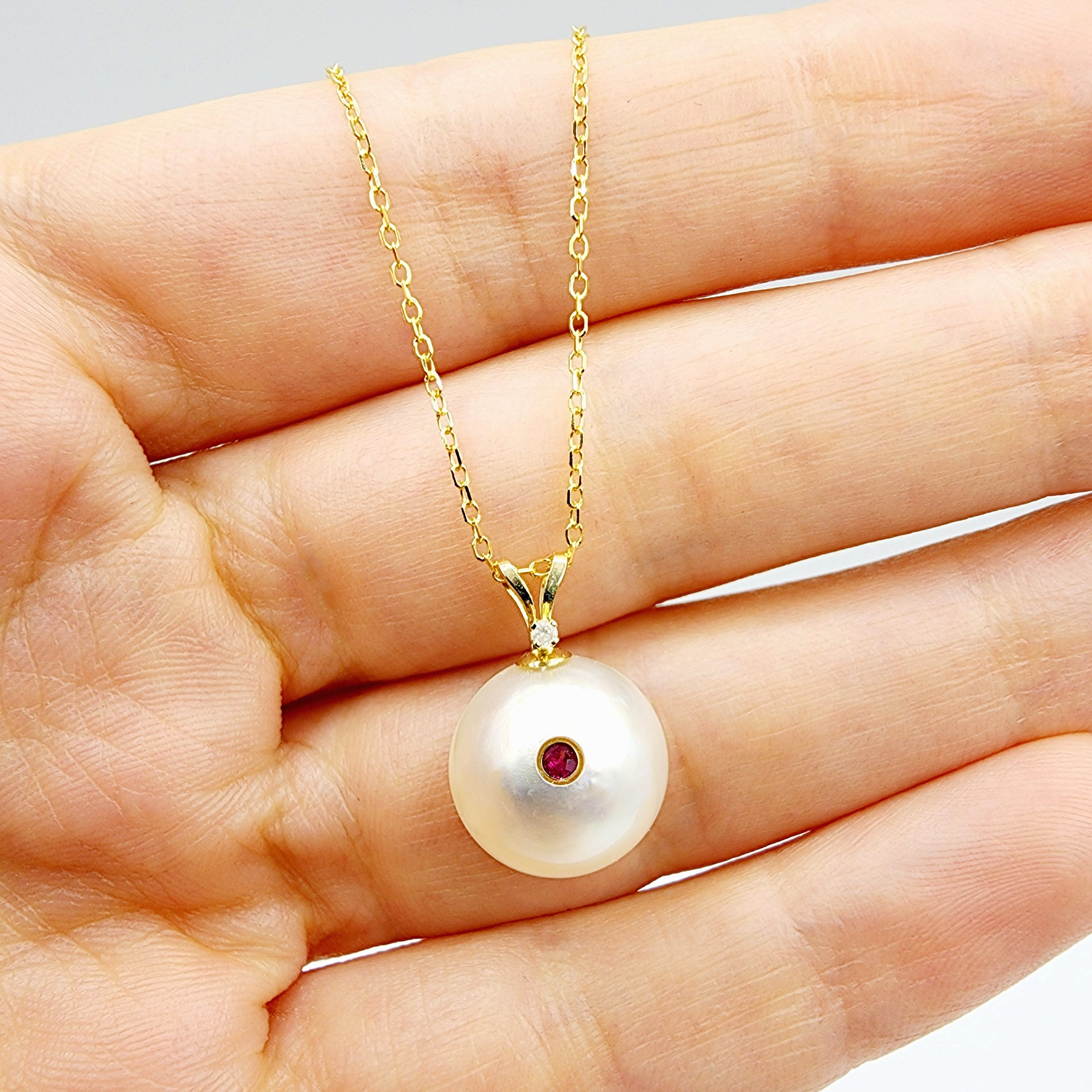 14K Gold Pearl Ruby Diamond Pendant Necklace, 14K Yellow Gold Pendant set with 12mm Mabe Pearl Genuine Ruby and Natural Diamond