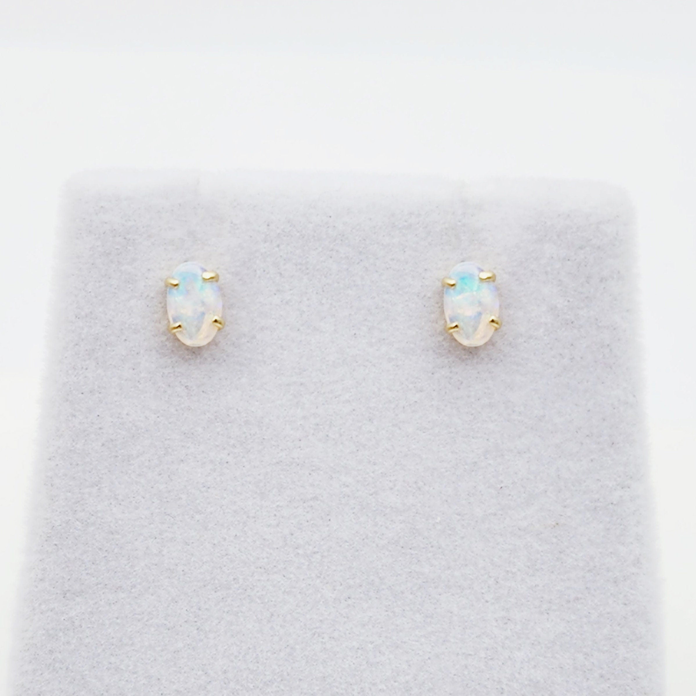 Gold Opal Stud Earrings, 10K Yellow Gold Genuine Opal 5x3mm Stud Earrings, October Birthstone, Opal Earrings,  Handmade Earrings