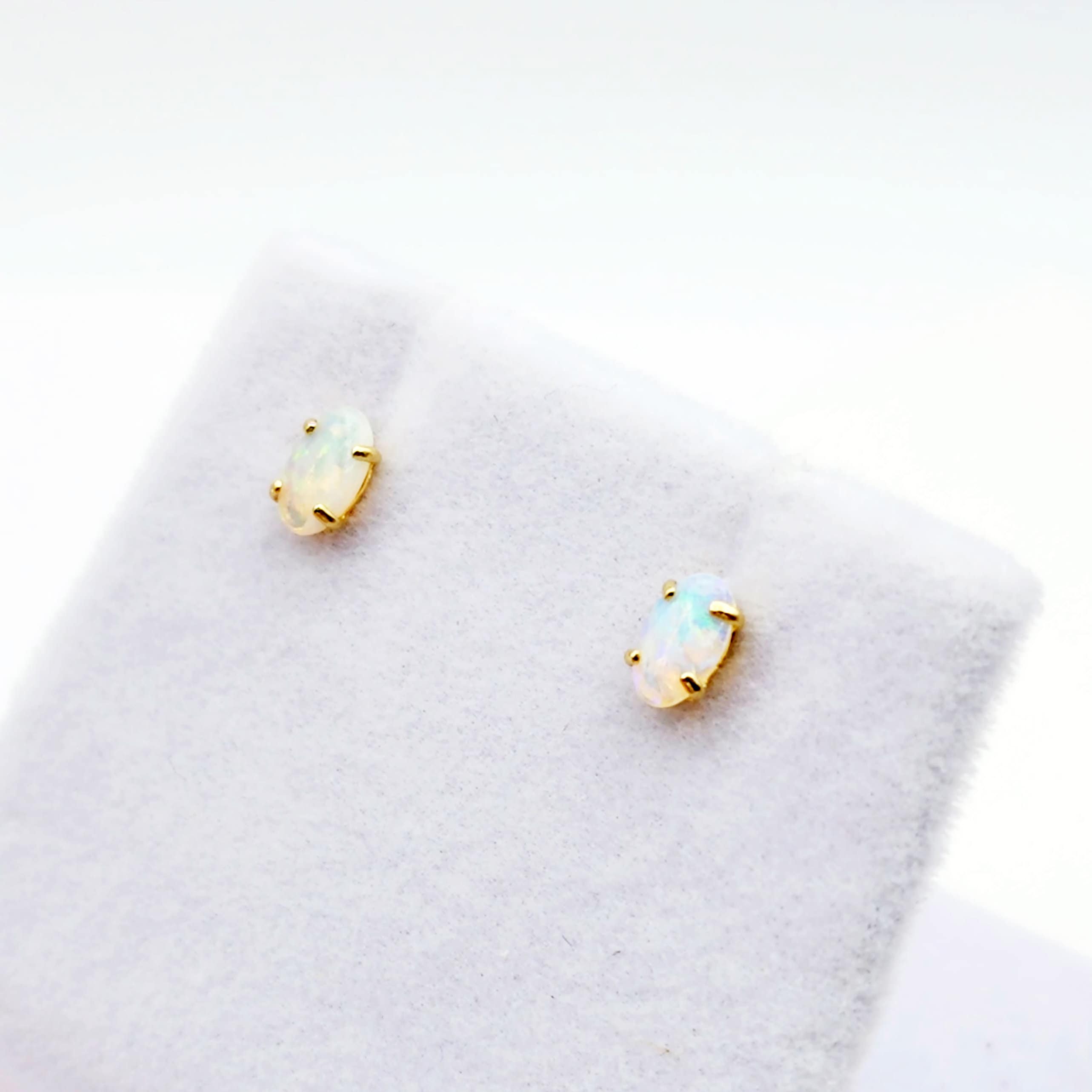 Gold Opal Stud Earrings, 10K Yellow Gold Genuine Opal 5x3mm Stud Earrings, October Birthstone, Opal Earrings,  Handmade Earrings