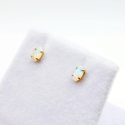 Gold Opal Stud Earrings, 10K Yellow Gold Genuine Opal 5x3mm Stud Earrings, October Birthstone, Opal Earrings,  Handmade Earrings