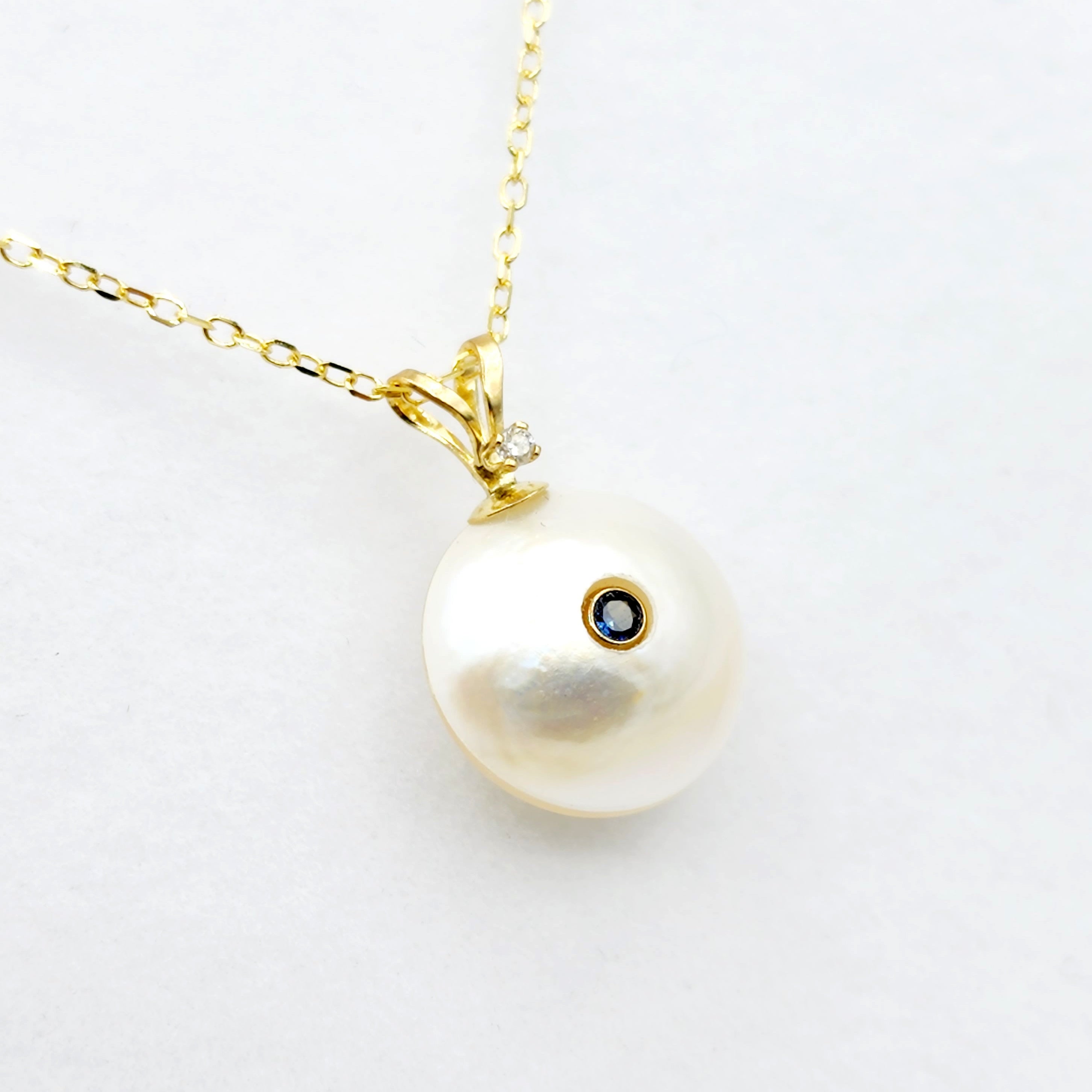 14K Gold Pearl Sapphire Diamond Pendant Necklace, 14K Yellow Gold Pendant set with 12mm Mabe Pearl Genuine Blue Sapphire and Natural Diamond