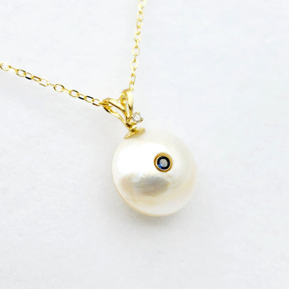 14K Gold Pearl Sapphire Diamond Pendant Necklace, 14K Yellow Gold Pendant set with 12mm Mabe Pearl Genuine Blue Sapphire and Natural Diamond