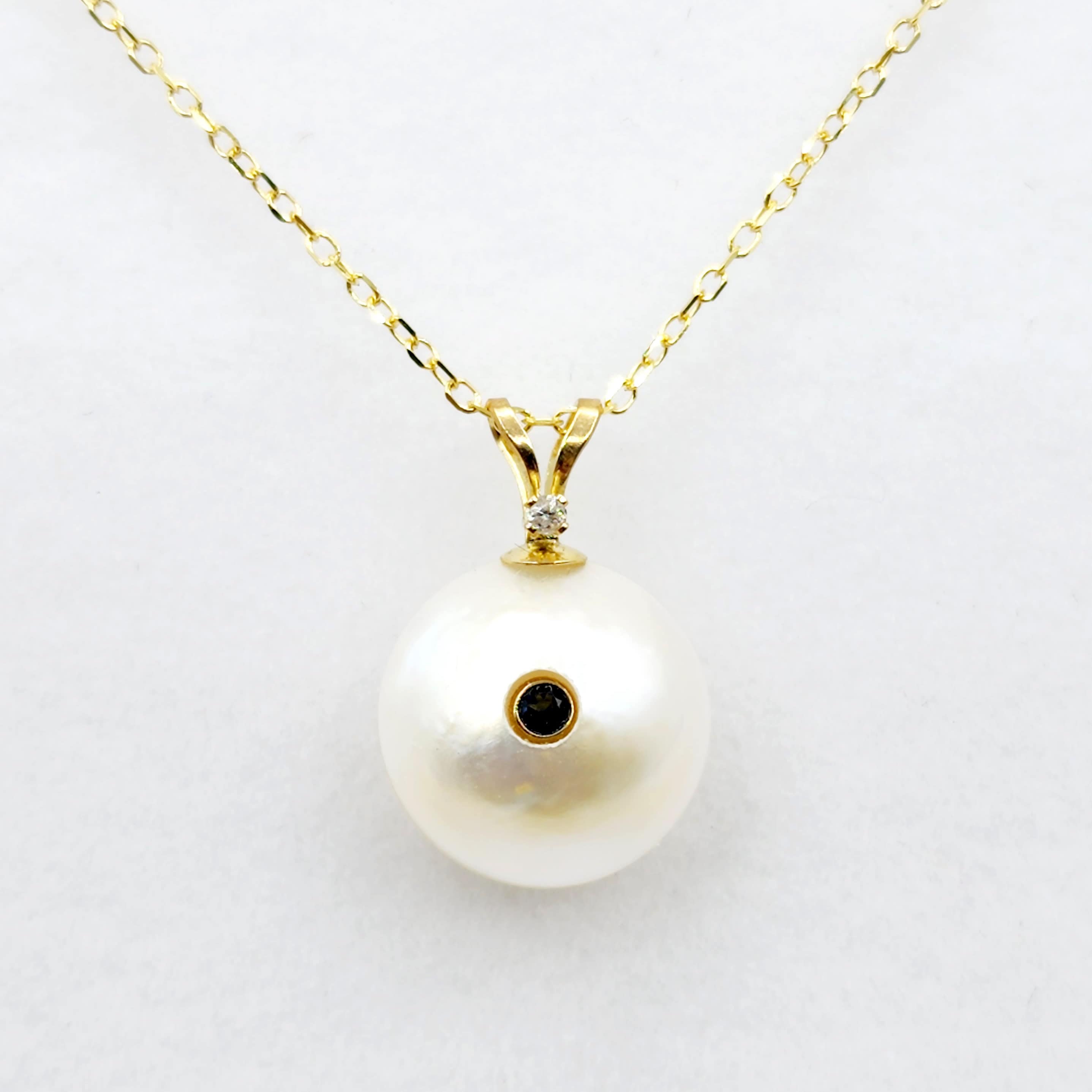 14K Gold Pearl Sapphire Diamond Pendant Necklace, 14K Yellow Gold Pendant set with 12mm Mabe Pearl Genuine Blue Sapphire and Natural Diamond